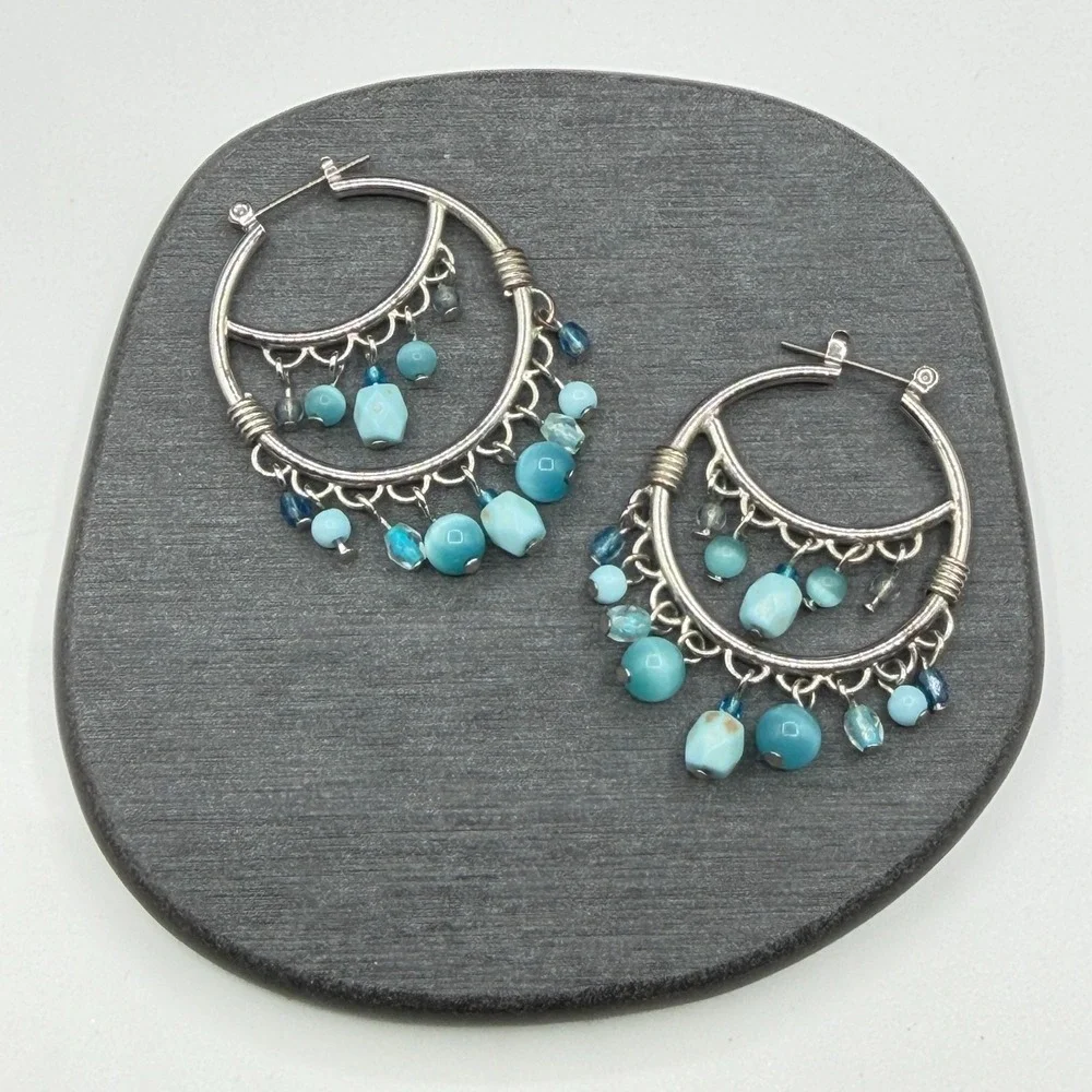 Silver Tone Turquoise Blue Beaded Chandelier Hoop Earrings Boho Statement Gift